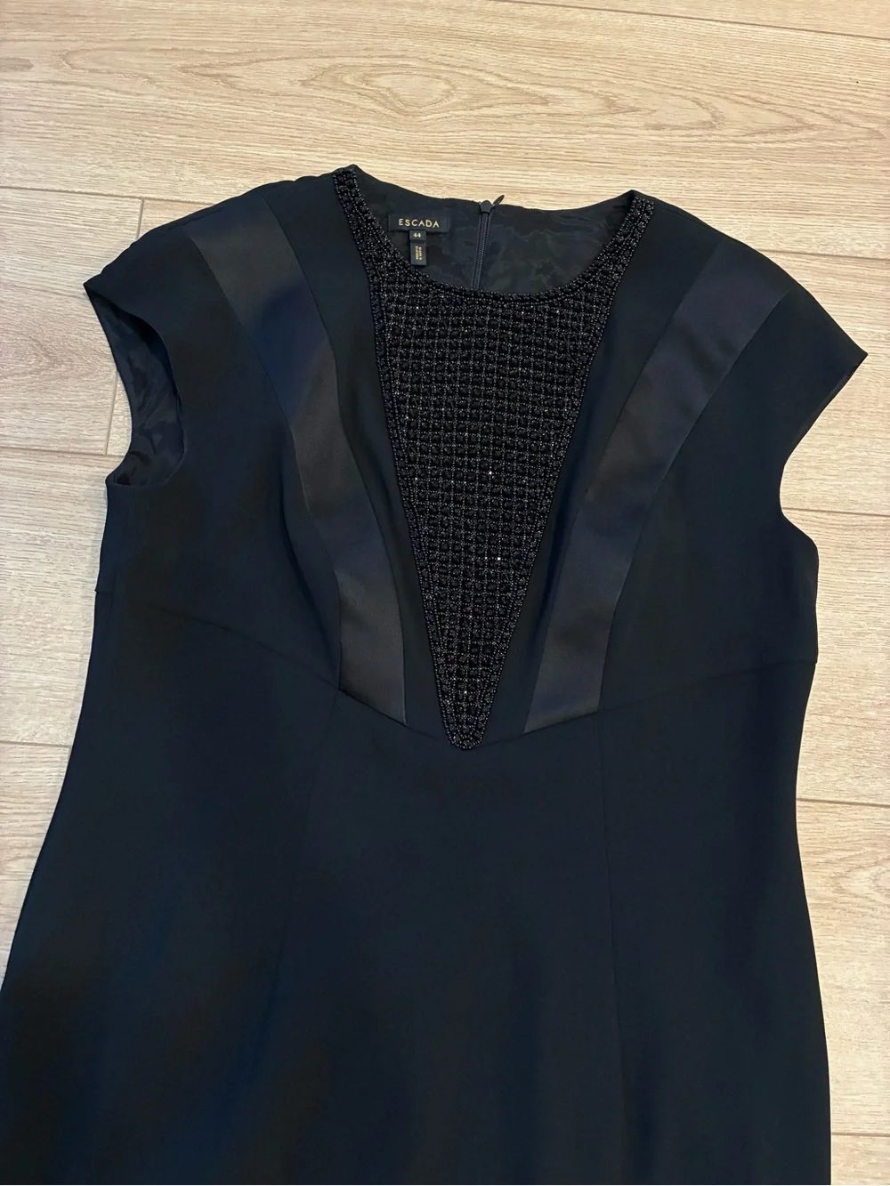 Escada Black Sheath Dress Beaded Satin Trim Cap Sleeve LBD Size 44/L